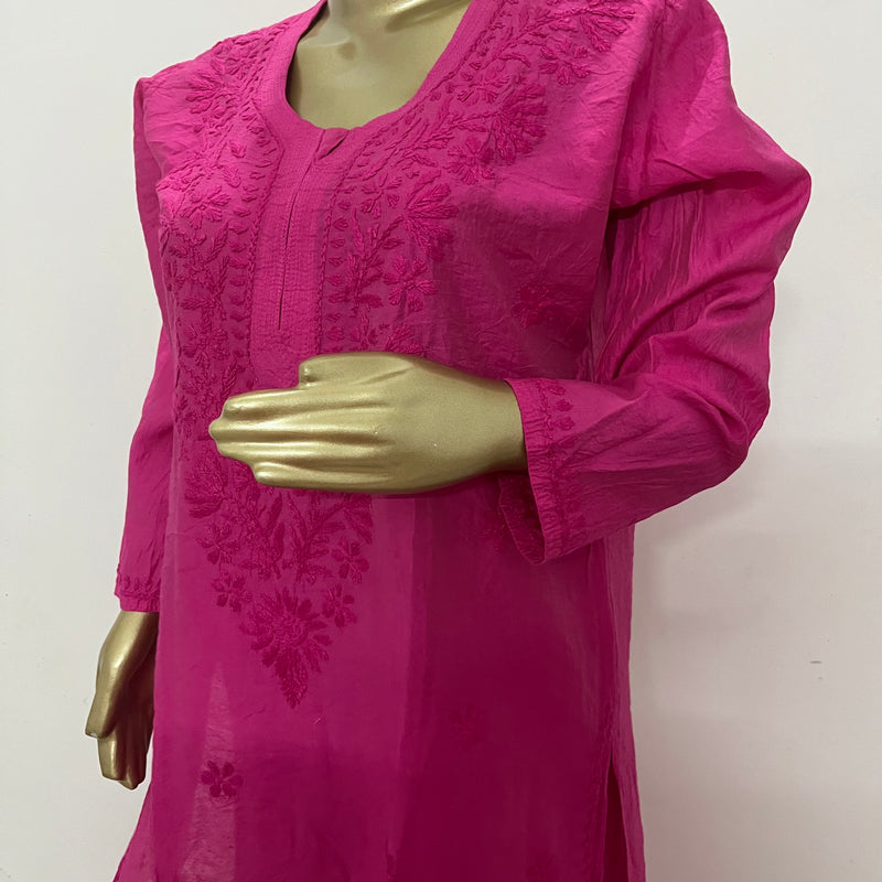 Samina Hot Pink Chanderi Chikankari Kurta Set Libaas e Lucknow