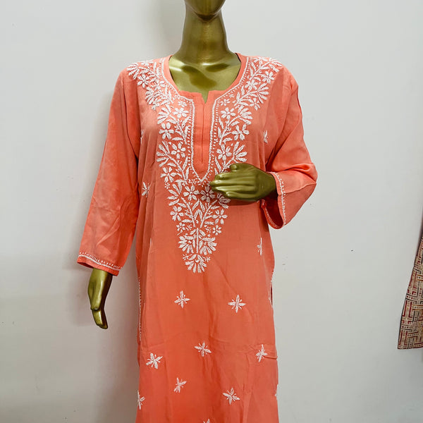 MAAHAM PEACH CHIKANKARI RAYON KURTA Libaas e Lucknow