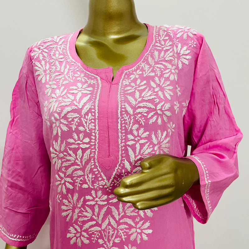 MAAHAM PINK CHIKANKARI RAYON KURTA Libaas e Lucknow