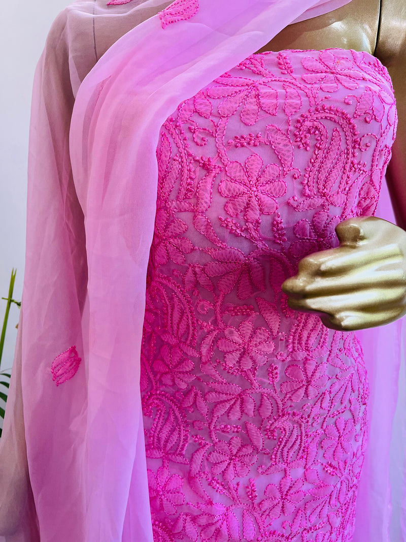 PINK RESHAM GEORGETTE UNSTITCHED CHIKANKARI SUIT Libaas e Lucknow