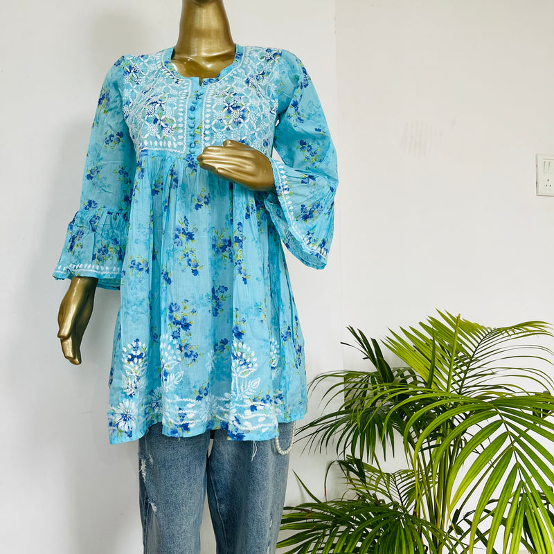 AIDAH BLUE MUL SHORT CHIKANKARI KURTA Libaas e Lucknow