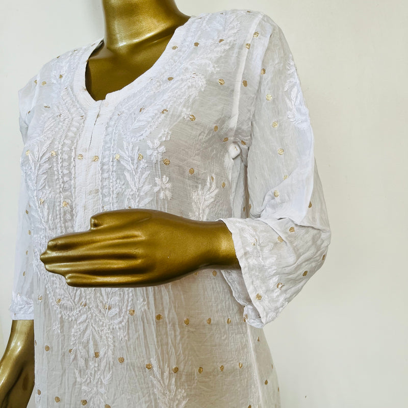 IFRAH WHITE CHANDERI CHIKANKARI PALLAZZO SET Libaas e Lucknow