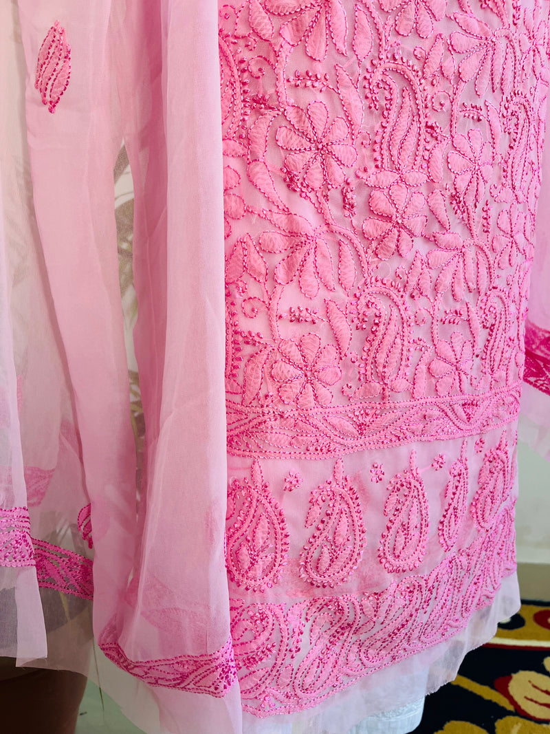 PINK RESHAM GEORGETTE UNSTITCHED CHIKANKARI SUIT Libaas e Lucknow