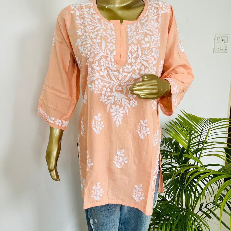 AIZAZ CHIKANKARI PEACH SHORT KURTA Libaas e Lucknow