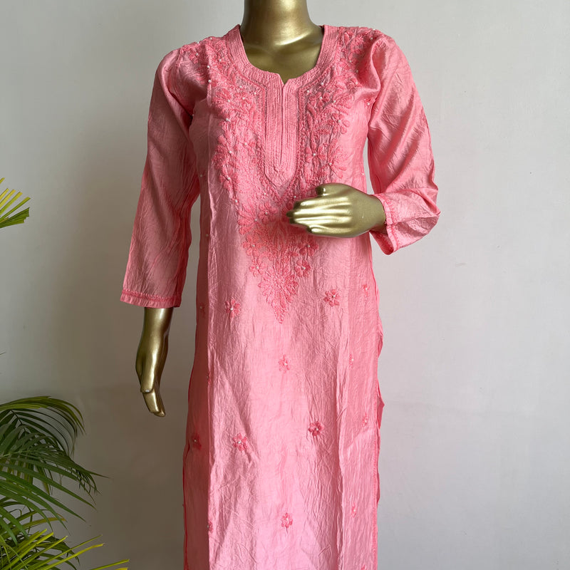 Zehrin Peach Chanderi Chikankari Kurta Libaas e Lucknow