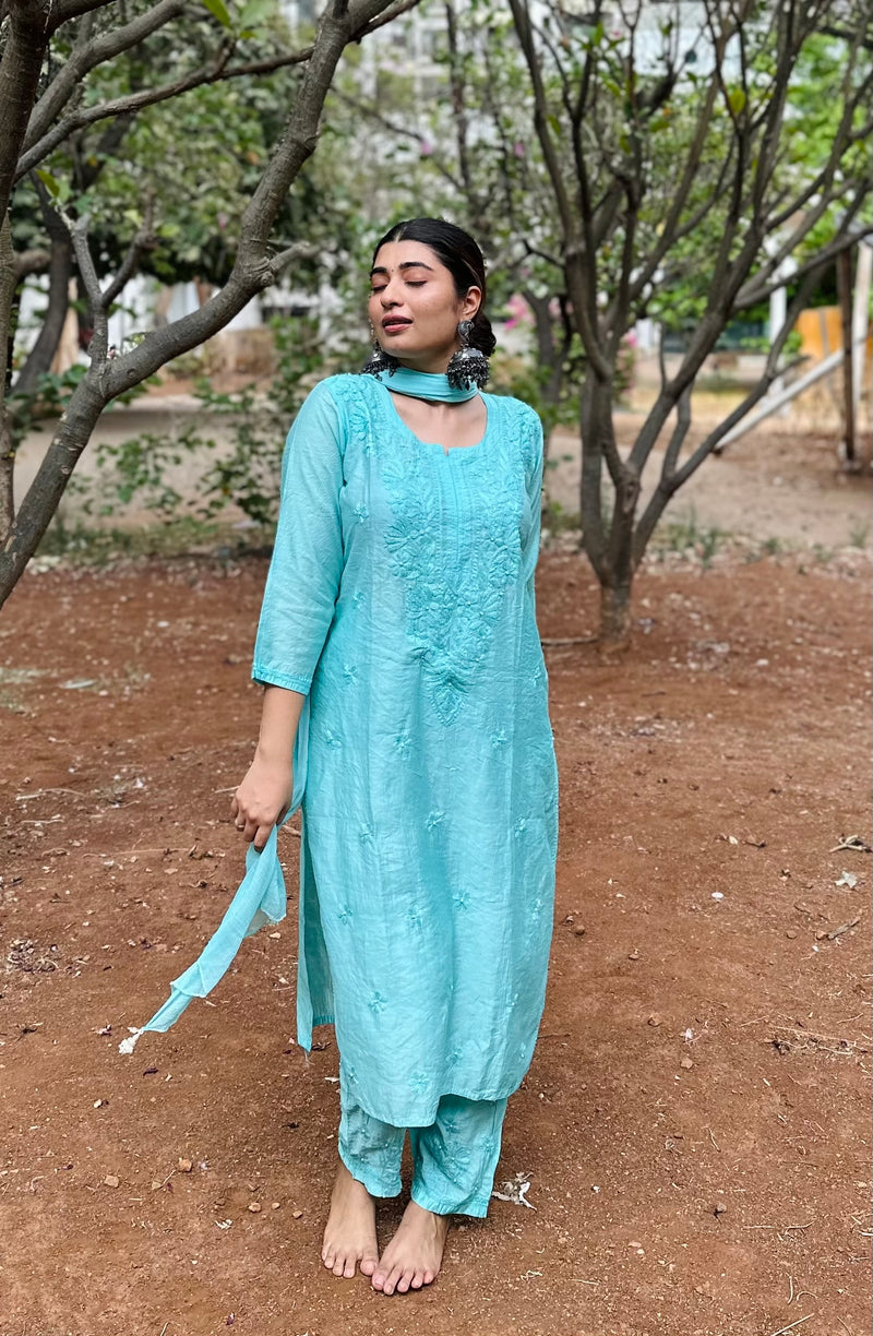 Zehra Blue Chanderi Chikankari Kurta Libaas e Lucknow