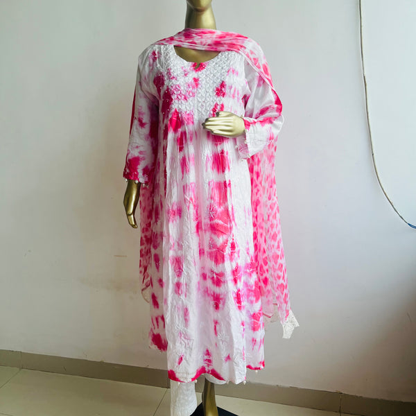 Shahina Pink Tie n Dye Chanderi Chikankari Set