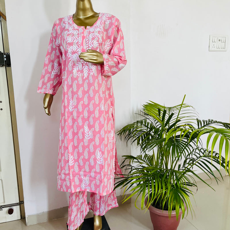 SAMIRA MUL CHIKANKARI PINK KURTA PALAZZO SET Libaas e Lucknow