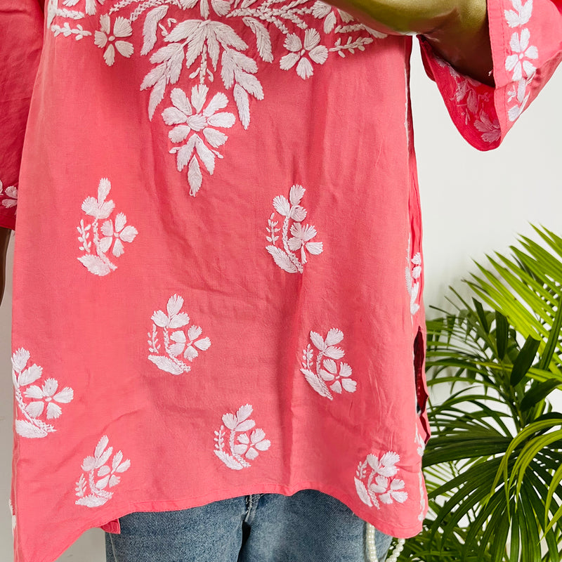 AIZAZ CHIKANKARI PINK SHORT KURTA Libaas e Lucknow