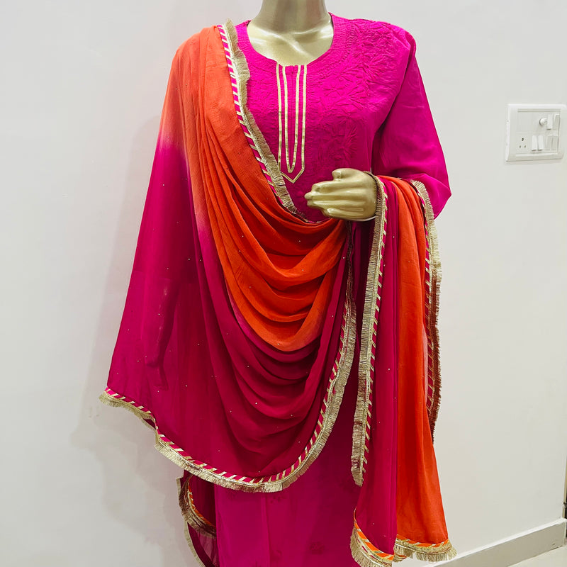 PINK ORANGE CHANDERI CHIKANKARI SUIT SET Libaas e Lucknow