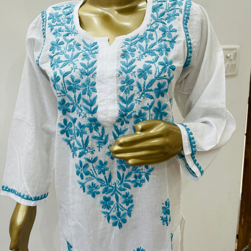 TARA CHIKANKARI WHITE BLUE KURTA Libaas e Lucknow