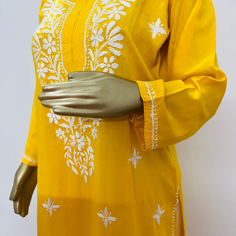 MAAHAM YELLOW CHIKANKARI RAYON KURTA Libaas e Lucknow