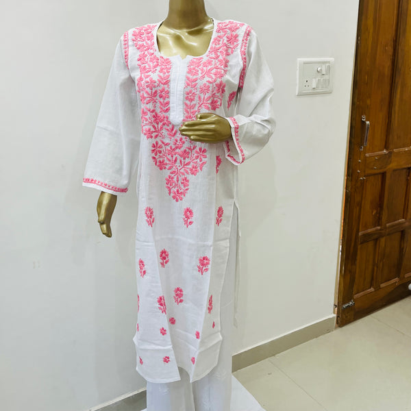 TARA CHIKANKARI WHITE PINK KURTA Libaas e Lucknow