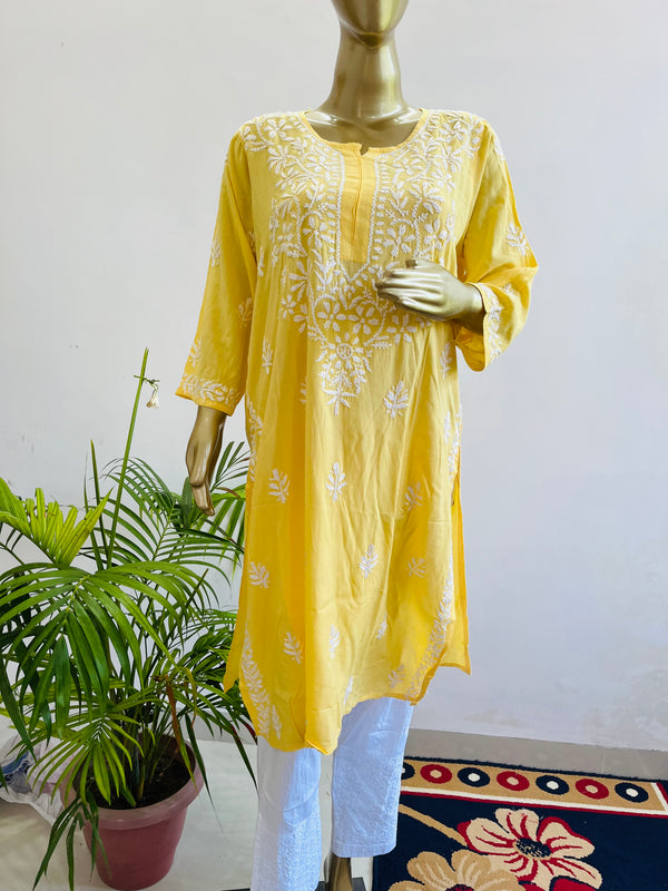 INAAYA YELLOW CHIKANKARI MODAL KURTA Libaas e Lucknow