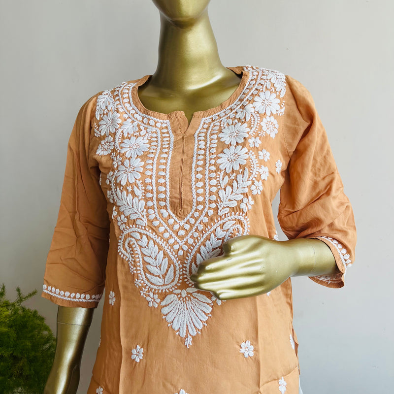 AIZAZ CHIKANKARI BROWN SHORT KURTA