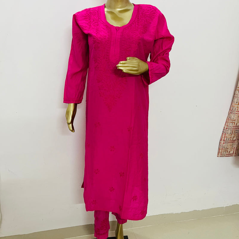 Samina Hot Pink Chanderi Chikankari Kurta Set Libaas e Lucknow