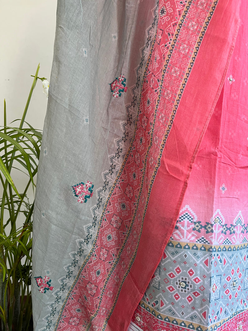 PATOLA PINK GREY UNSTITCHED SUIT Libaas e Lucknow