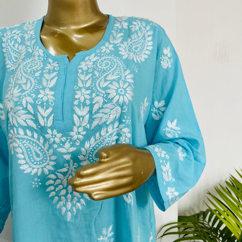 AIZAZ CHIKANKARI BLUE SHORT KURTA Libaas e Lucknow