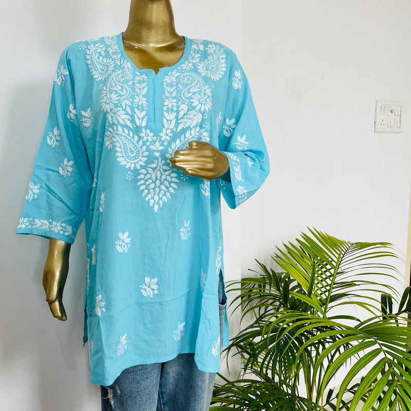 AIZAZ CHIKANKARI BLUE SHORT KURTA Libaas e Lucknow