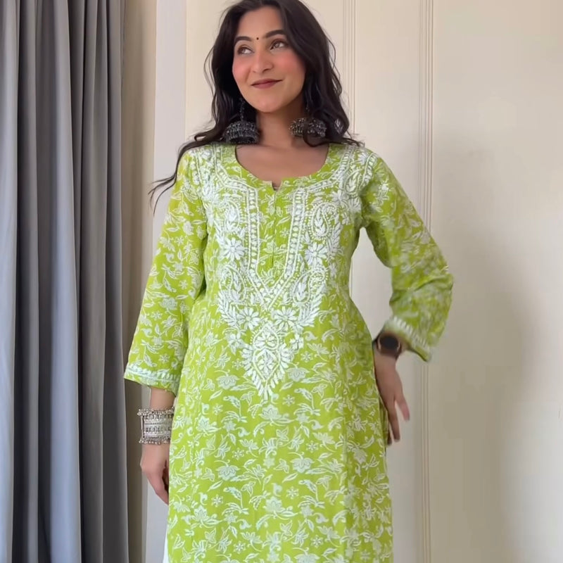 MAHIRA GREEN CHIKANKARI KURTI Libaas e Lucknow