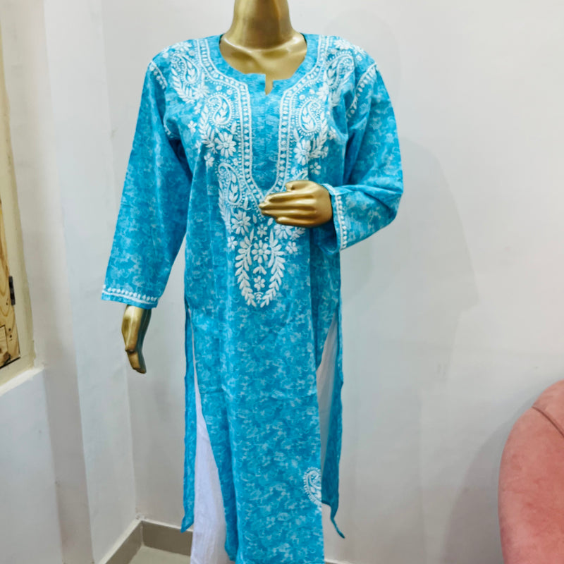 MAHIRA BLUE MULMUL CHIKANKARI KURTI Libaas e Lucknow