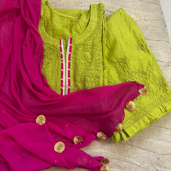 LIME PINK CHANDERI CHIKANKARI SUIT SET Libaas e Lucknow