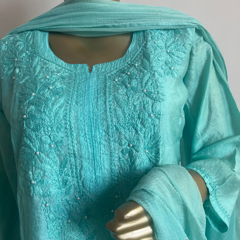 Zehra Blue Chanderi Chikankari Kurta Libaas e Lucknow