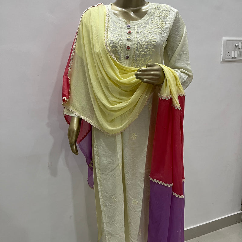 OFF WHITE PASTEL CHANDERI CHIKANKARI SUIT SET Libaas e Lucknow