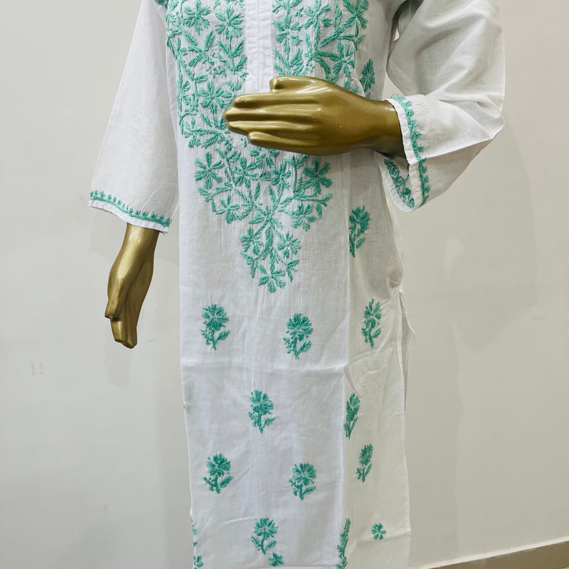 TARA CHIKANKARI WHITE TURQOISE KURTA Libaas e Lucknow