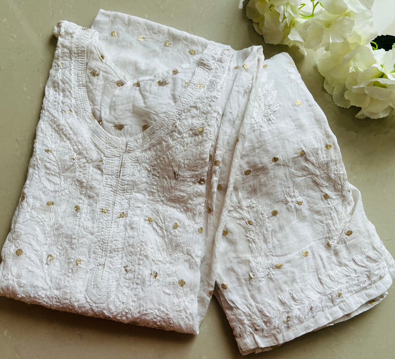 IFRAH WHITE CHANDERI CHIKANKARI PALLAZZO SET Libaas e Lucknow