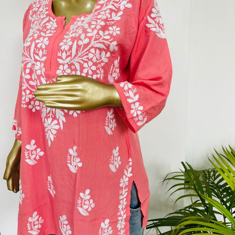 AIZAZ CHIKANKARI PINK SHORT KURTA Libaas e Lucknow