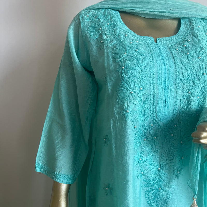 Zehra Blue Chanderi Chikankari Kurta Libaas e Lucknow