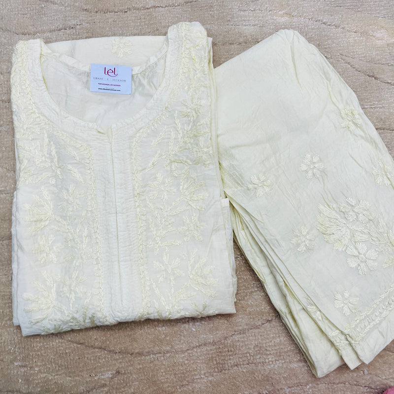 Samina Cream Chanderi Chikankari Kurta Set Libaas e Lucknow