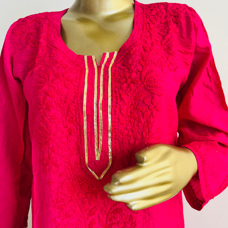 PINK ORANGE CHANDERI CHIKANKARI SUIT SET Libaas e Lucknow