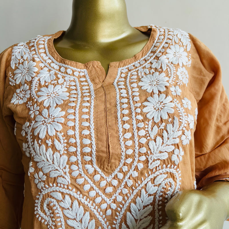 AIZAZ CHIKANKARI BROWN SHORT KURTA