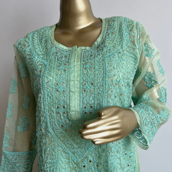 Asma Green Organza Chikankari Kurta Libaas e Lucknow