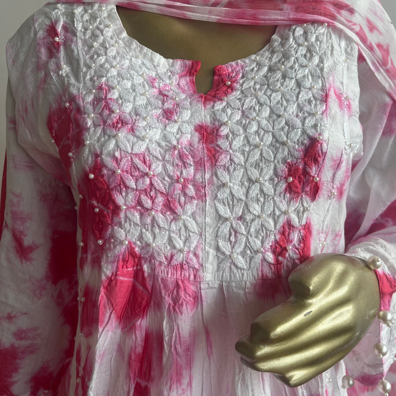 Shahina Pink Tie n Dye Chanderi Chikankari Set