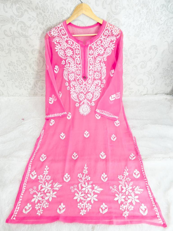 ADYA CHIKANKARI GEORGETTE PINK KURTI Libaas e Lucknow