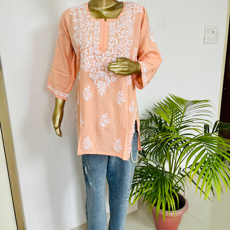 AIZAZ CHIKANKARI PEACH SHORT KURTA Libaas e Lucknow