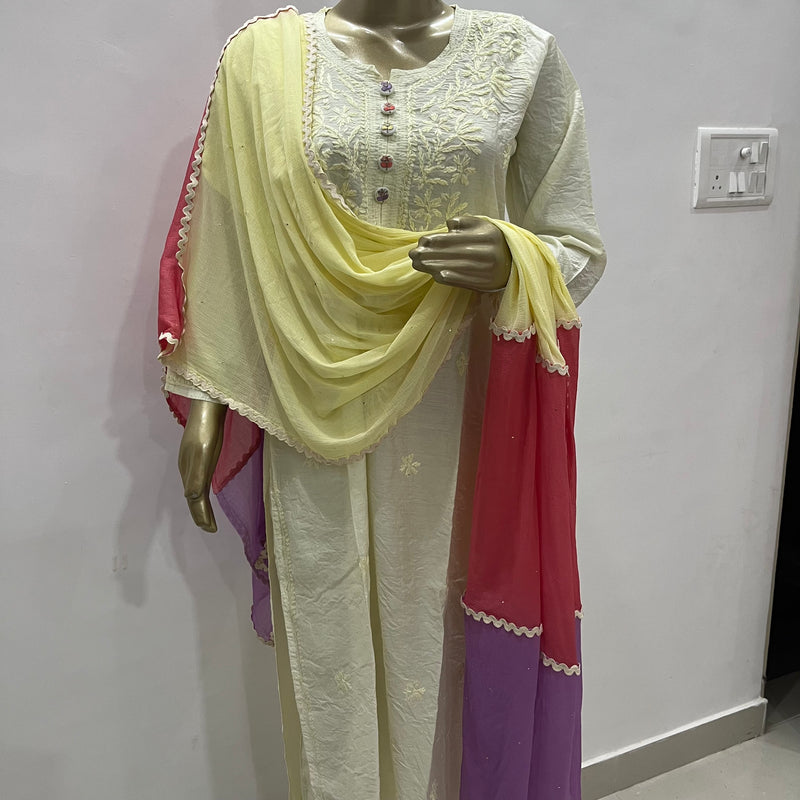 OFF WHITE PASTEL CHANDERI CHIKANKARI SUIT SET Libaas e Lucknow