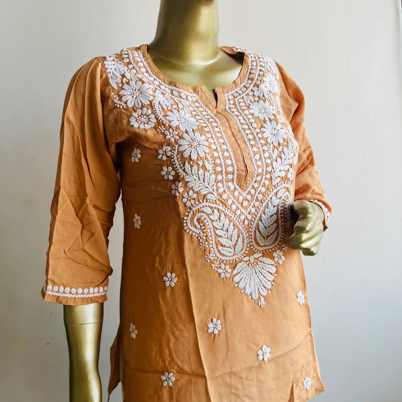 AIZAZ CHIKANKARI BROWN SHORT KURTA