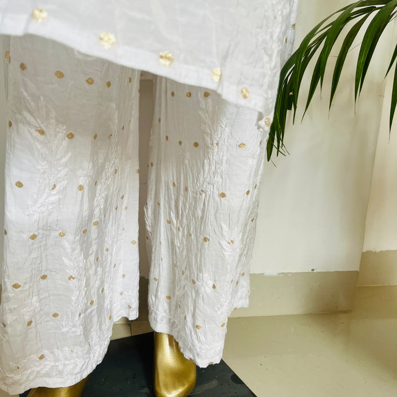 IFRAH WHITE CHANDERI CHIKANKARI PALLAZZO SET Libaas e Lucknow