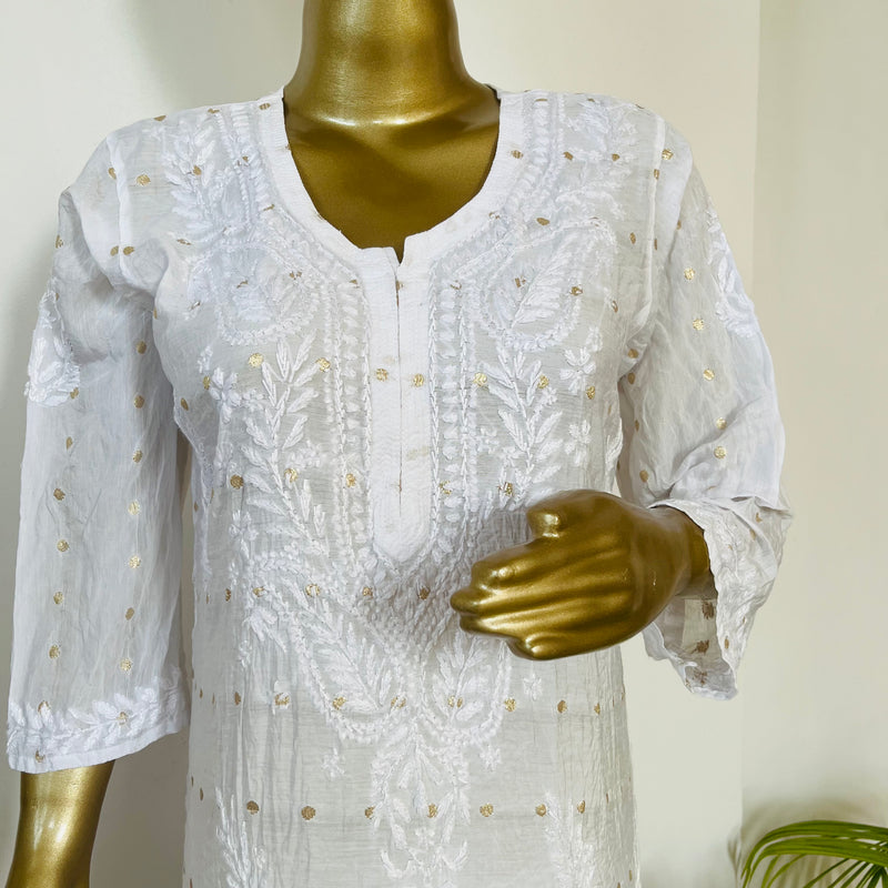 IFRAH WHITE CHANDERI CHIKANKARI PALLAZZO SET Libaas e Lucknow