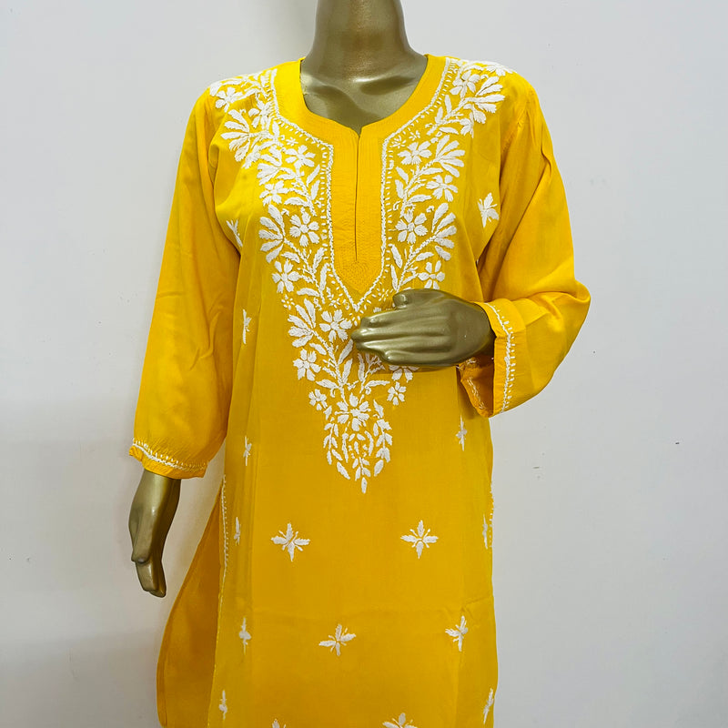 MAAHAM YELLOW CHIKANKARI RAYON KURTA Libaas e Lucknow