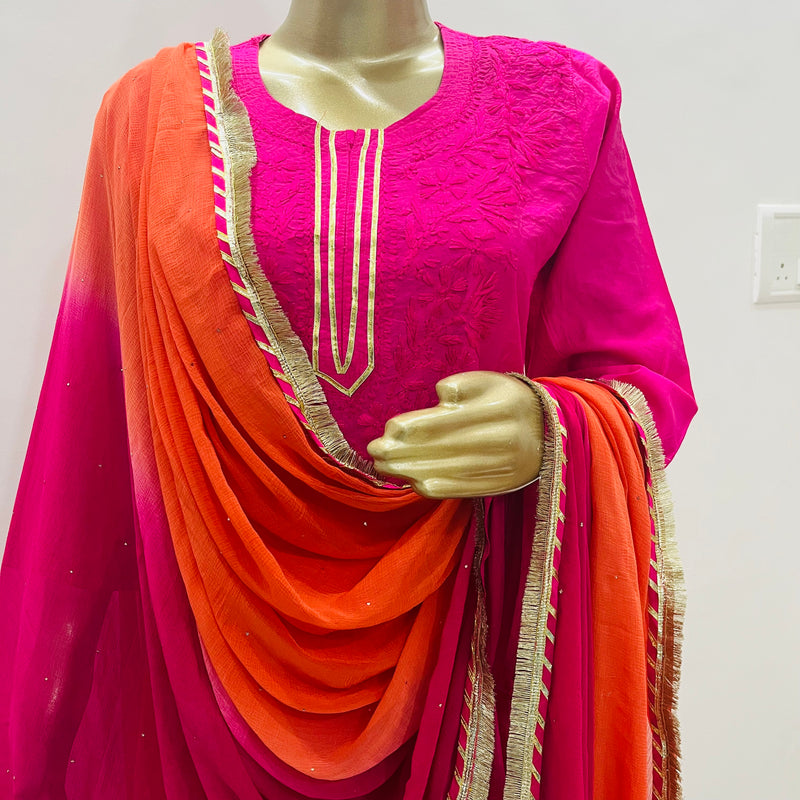 PINK ORANGE CHANDERI CHIKANKARI SUIT SET Libaas e Lucknow