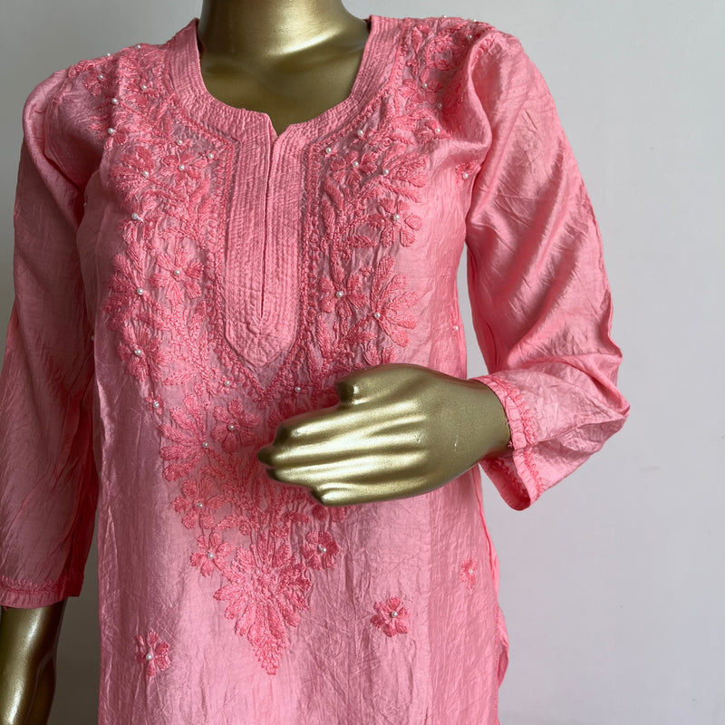 Zehrin Peach Chanderi Chikankari Kurta Libaas e Lucknow