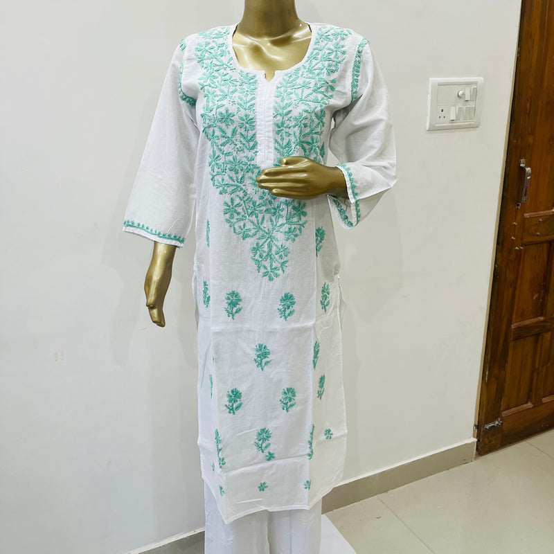 TARA CHIKANKARI WHITE TURQOISE KURTA Libaas e Lucknow