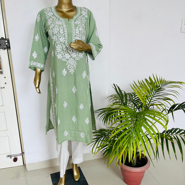 INAAYA GREEN CHIKANKARI MODAL KURTA Libaas e Lucknow