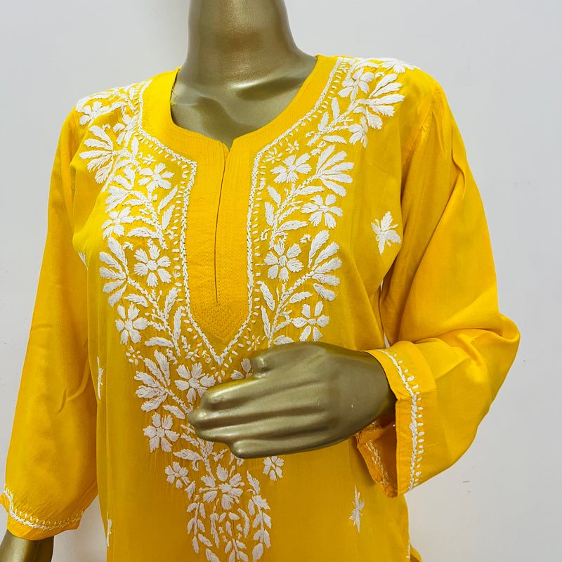 MAAHAM YELLOW CHIKANKARI RAYON KURTA Libaas e Lucknow