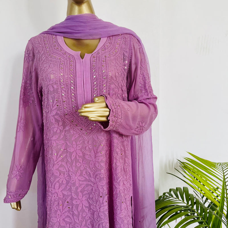 SHIZA CHIKANKARI PURE GEORGETTE KURTA SET WITH DUPATTA Libaas e Lucknow